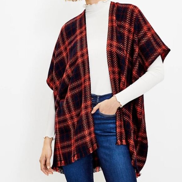 NWT Ann Taylor LOFT Modern Plaid Wrap - Navy Blue Orange/Red - Size X/XL - Picture 1 of 9